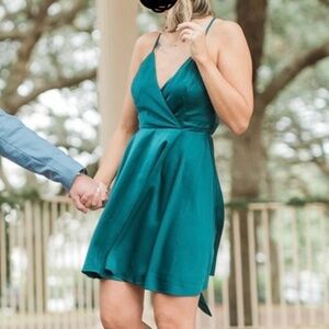 Emerald Green Satin Tie-Back Skater Dress